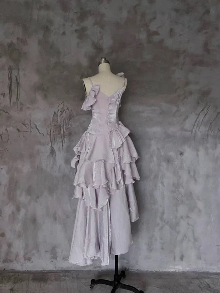 Pretty Irregular Ruffle Spaghetti Straps Light Purple Prom Dresses With Flower