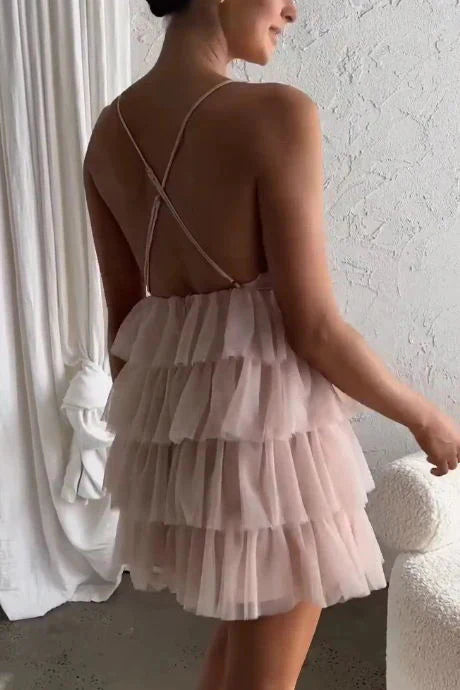 Pink Tulle V Neck Homecoming Dress Retract Your Waist Criss-cross Back Hoco Dress