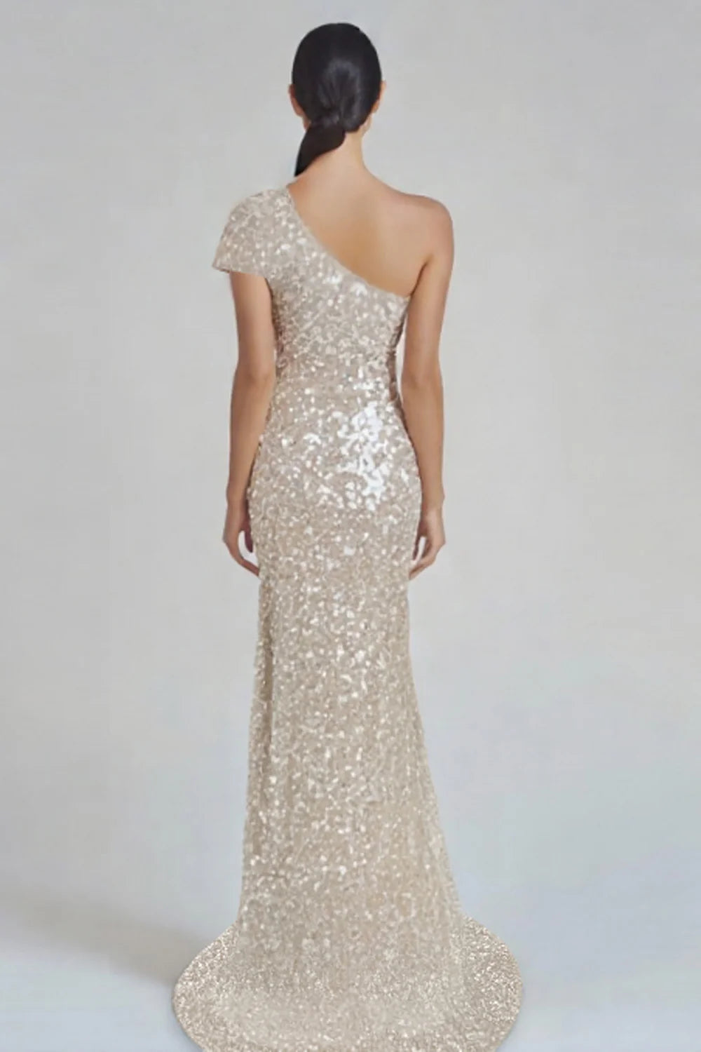 Sparkly Champagne Mermaid One Shoulder Slim-fit Formal Dress With Sequins