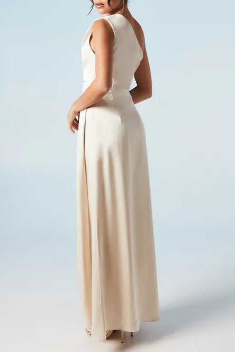 One Shoulder Sash Detail Elegant and gentle Satin Bridesmaids Maxi Dress