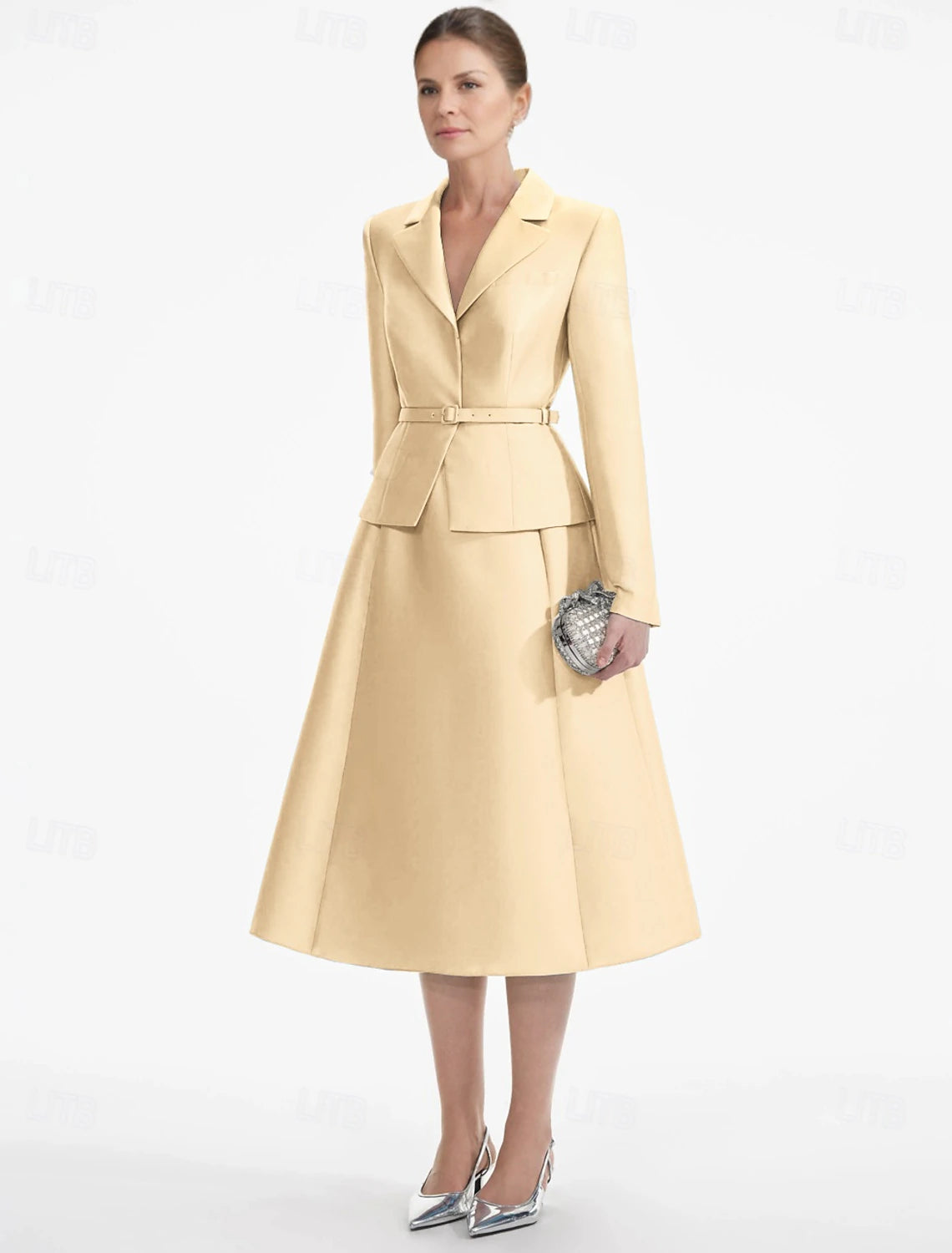 Two Piece A-Line Champagne Dress Tuxedo Dress Elegant V Neck Tea Length Satin Long Sleeve with Solid Color Derby Dresses 2025