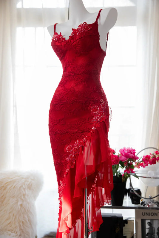 Sexy Sheath Spaghetti Strap Red Lace Chiffon Slim-fit Party Dress