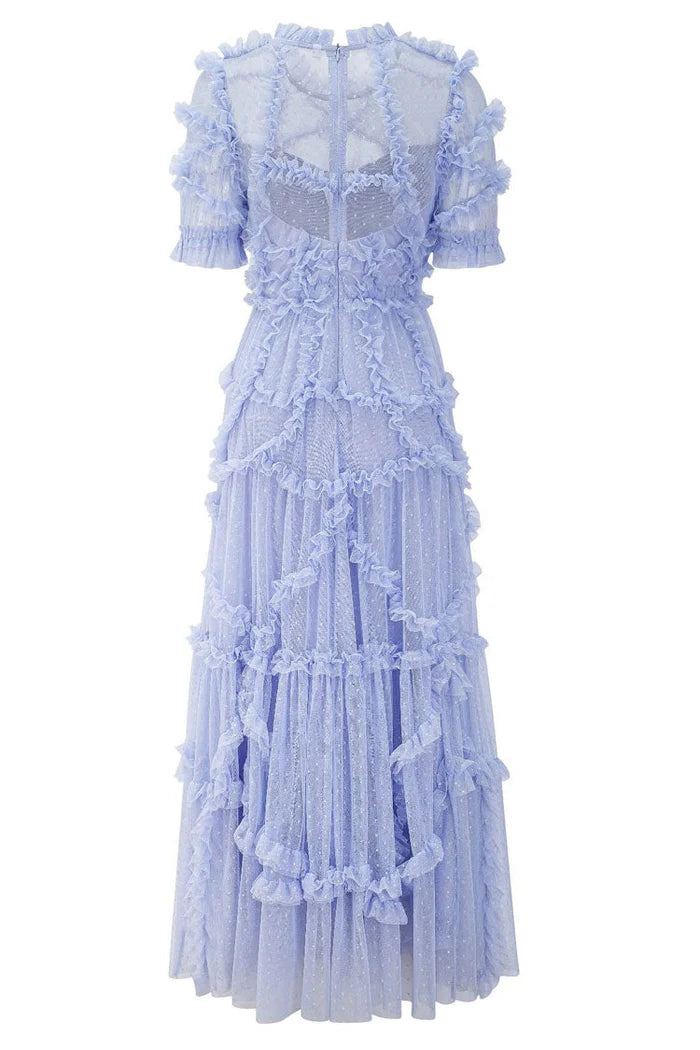 Fairytale Mock Neck Sleeved Dotted Tulle Tiered Ruffle Maxi Party Dress