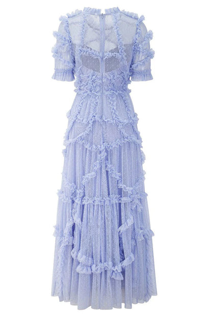 Fairytale Mock Neck Sleeved Dotted Tulle Tiered Ruffle Maxi Party Dress