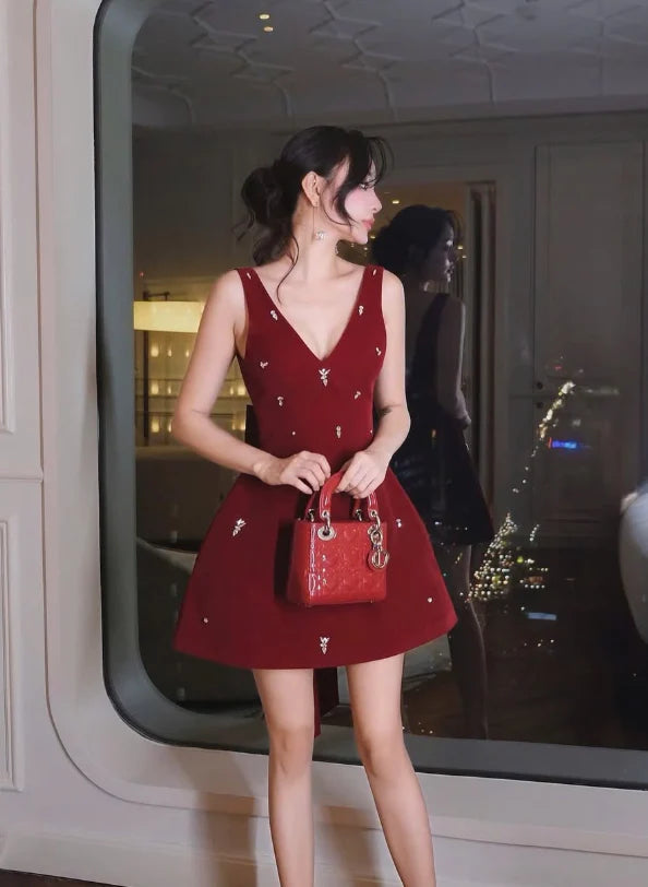 Burgundy A Line V Neck Rhinestone Satin Prom Dress Evening Dress with Bow