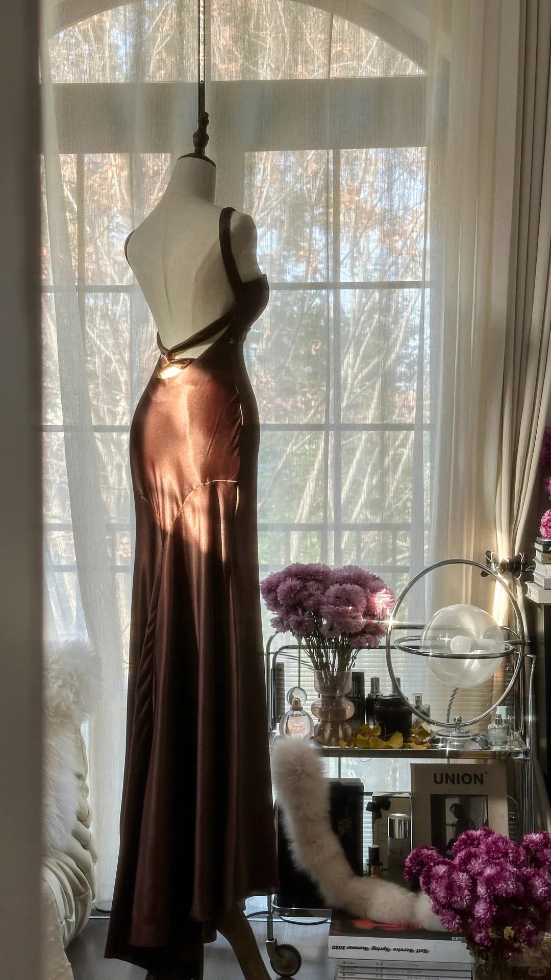 Sexy Mermaid Halter Brown Satin Long Open Back Party Dress Evening Dress