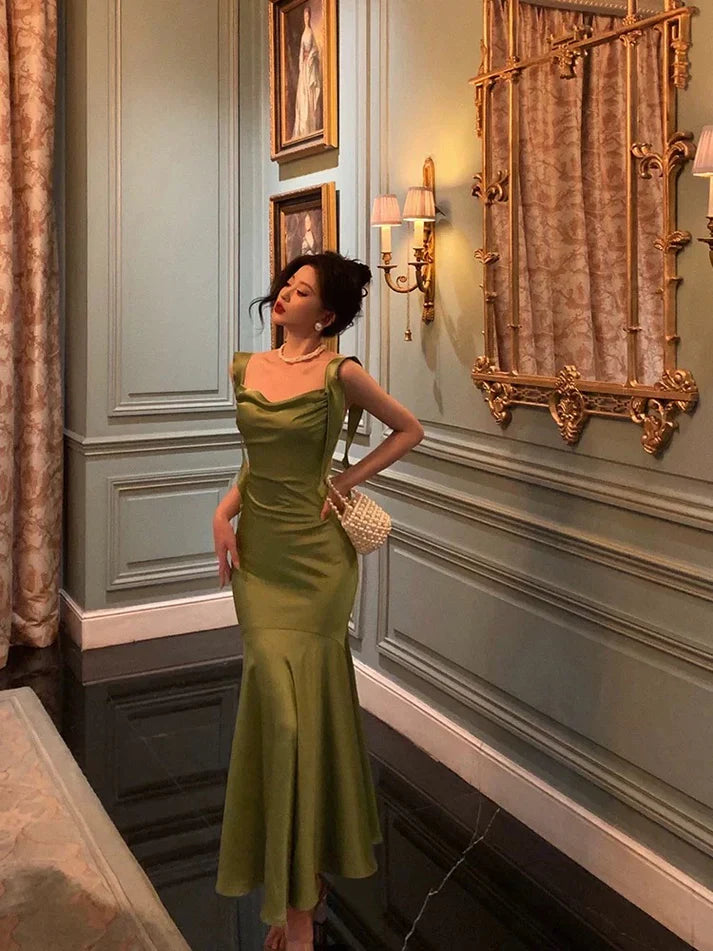 Classy Mermaid Straps Green Satin Long Evening Dresses Birthday Outfits