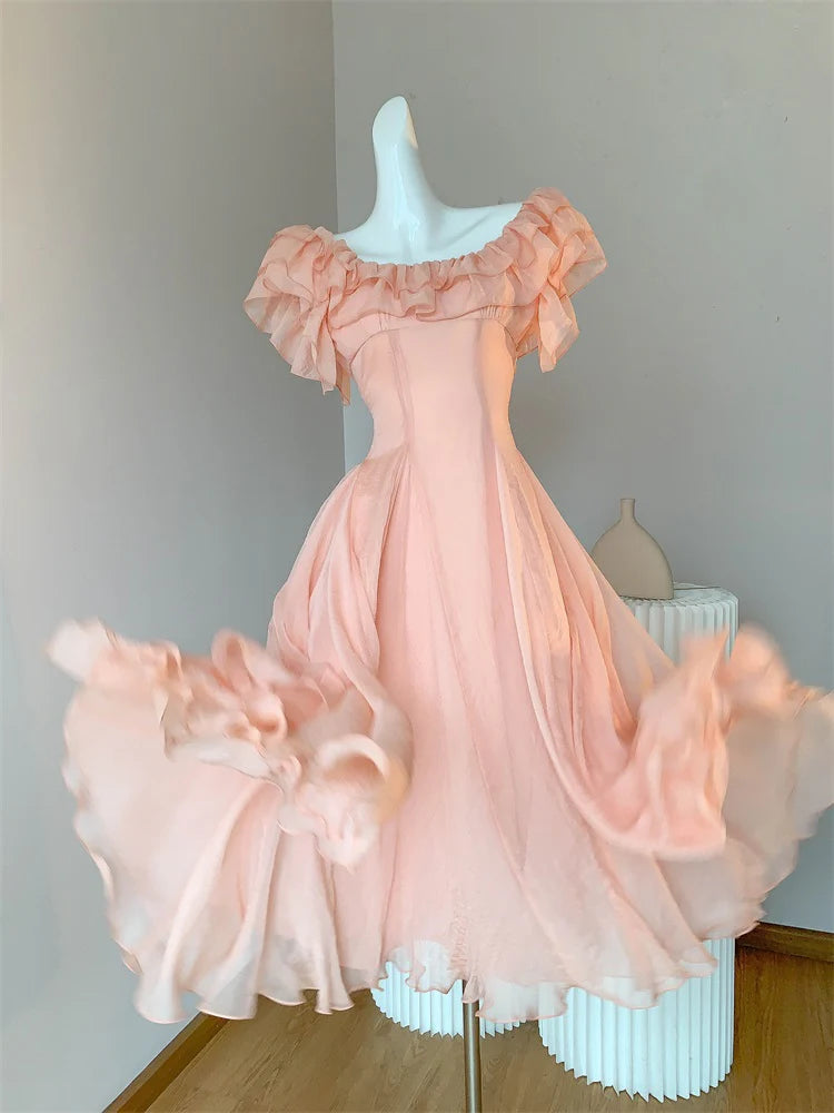 Full of charm Chic Orange Pink Off-Shoulder A-Line Chiffon Party Dresses