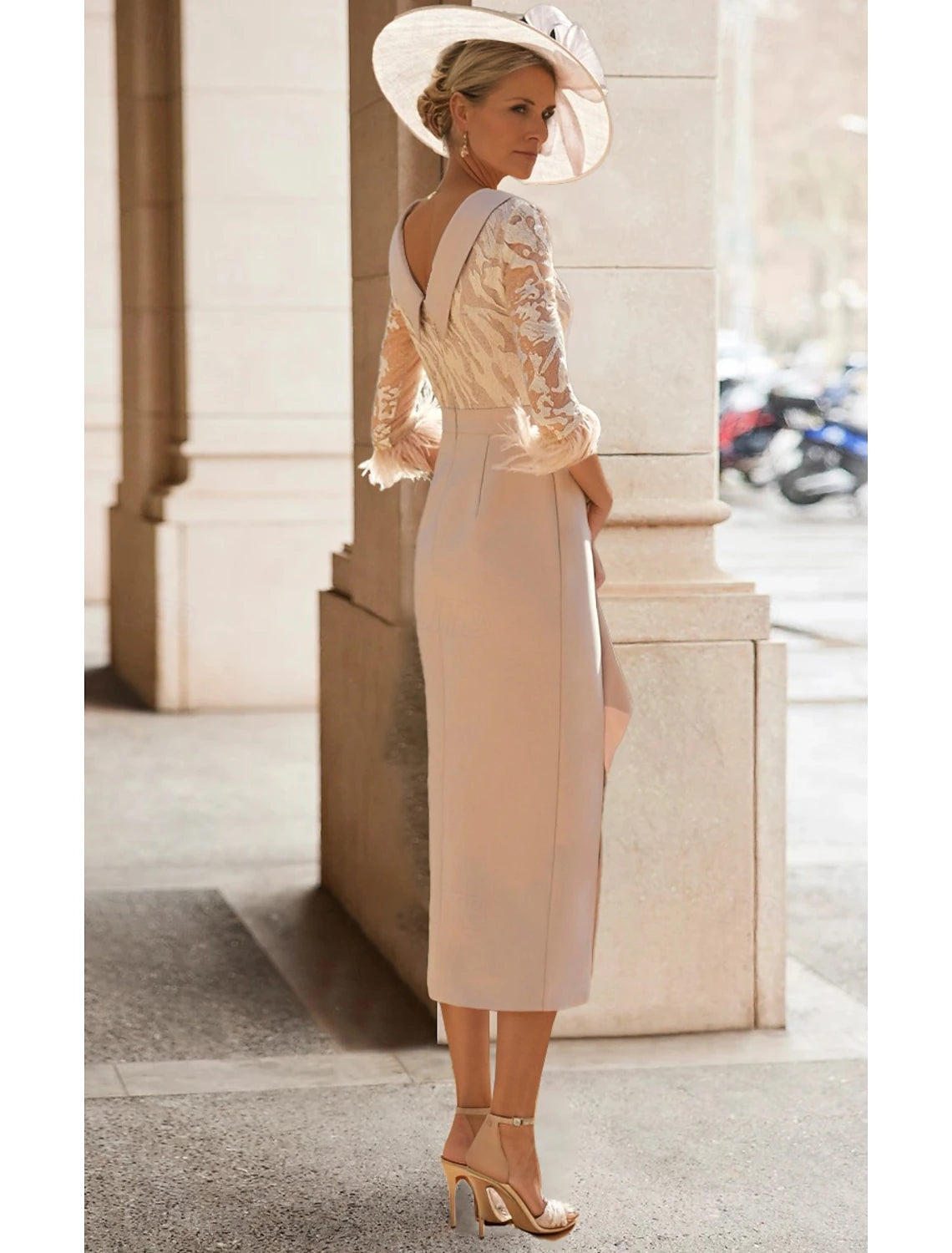 Sheath Mother of the Bride Dress Elegant Simple High Neck Tea Length Stretch Fabric 3/4 Length Sleeve with Feather Lace Pleats 2025 free custom size