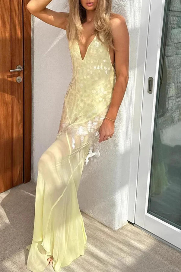 V Neck Light Yellow Sequin Chiffon Long Prom Dress Sexy Sheath Evening Dress