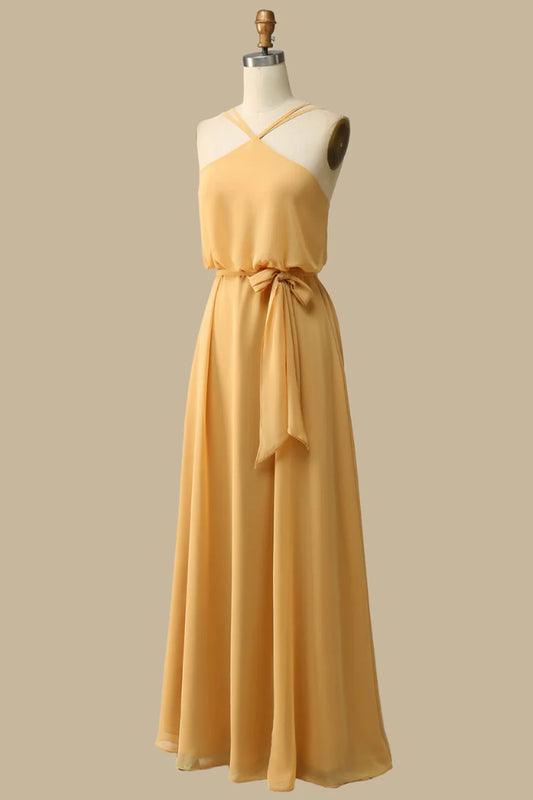 Blouson-Style Halter Spaghetti strap Chiffon Retract Your Waist Maxi Party Dress in Mustard Yellow
