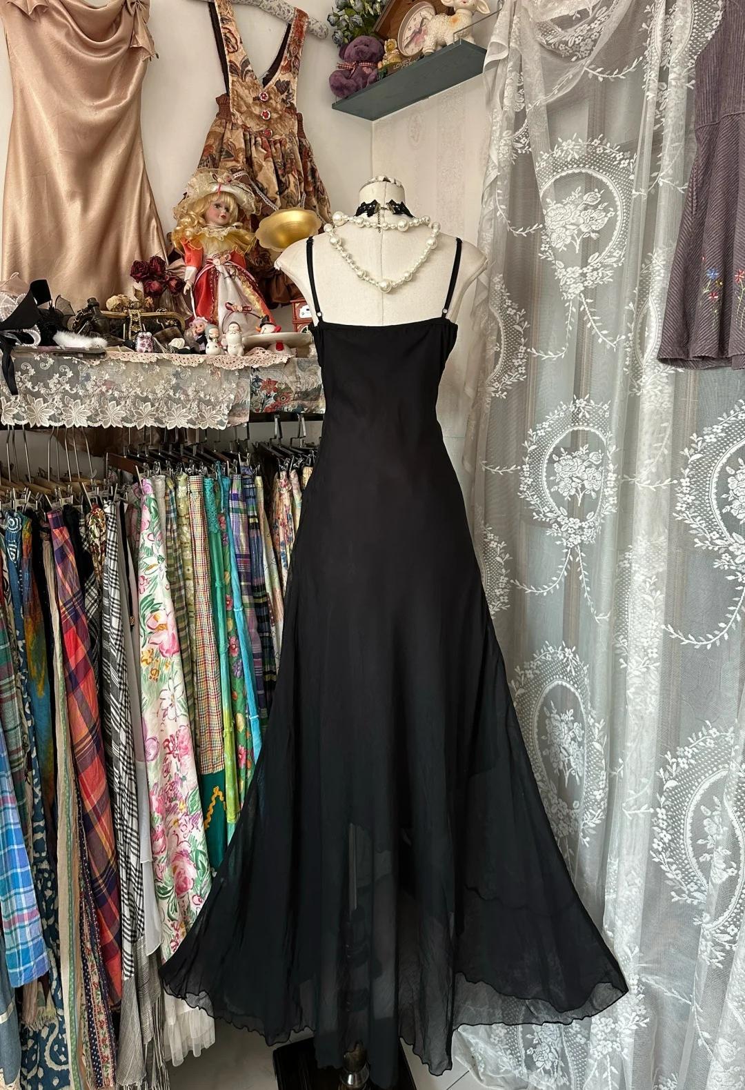 Spaghetti Straps Long Prom Dresses Elegant Black Chiffon Mermaid Party Dresses with Silt