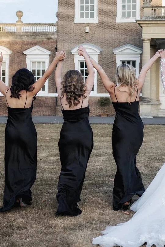 Black Top-quality fabric Spaghetti Straps Cowl Neck Satin Long Bridesmaid Dress
