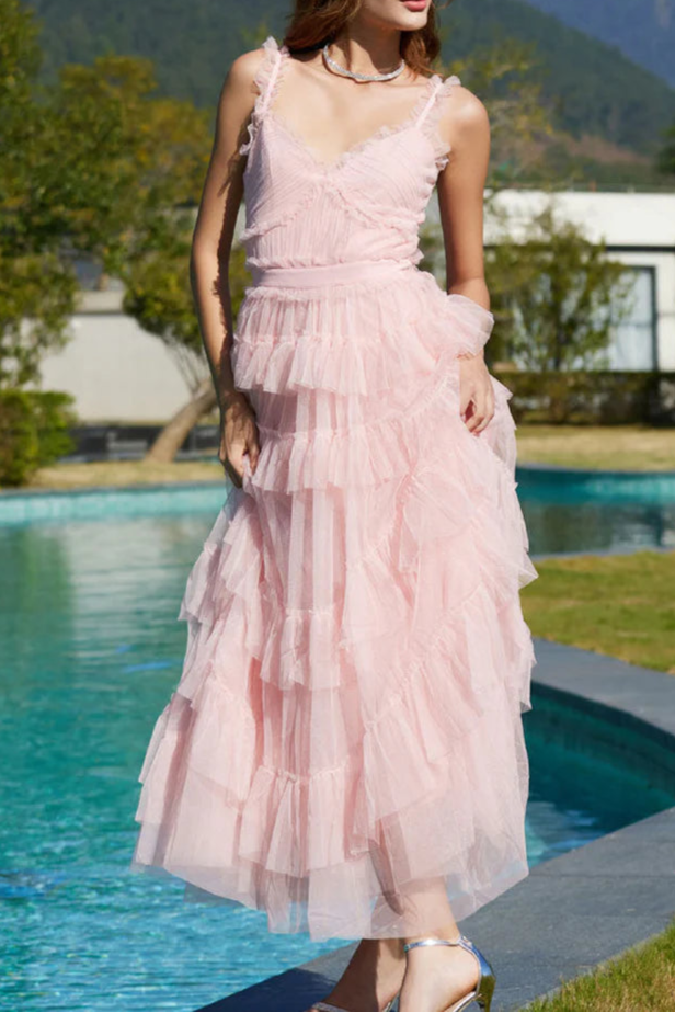 French Style Ruffle V Neck Sleeveless Spaghetti strap Tiered Tulle Maxi Party Dress