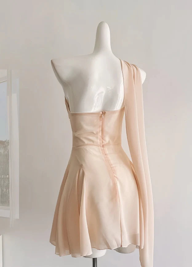 Apricot A Line One Shoulder Flower Chiffon Sense of design Short Homecoming Dress