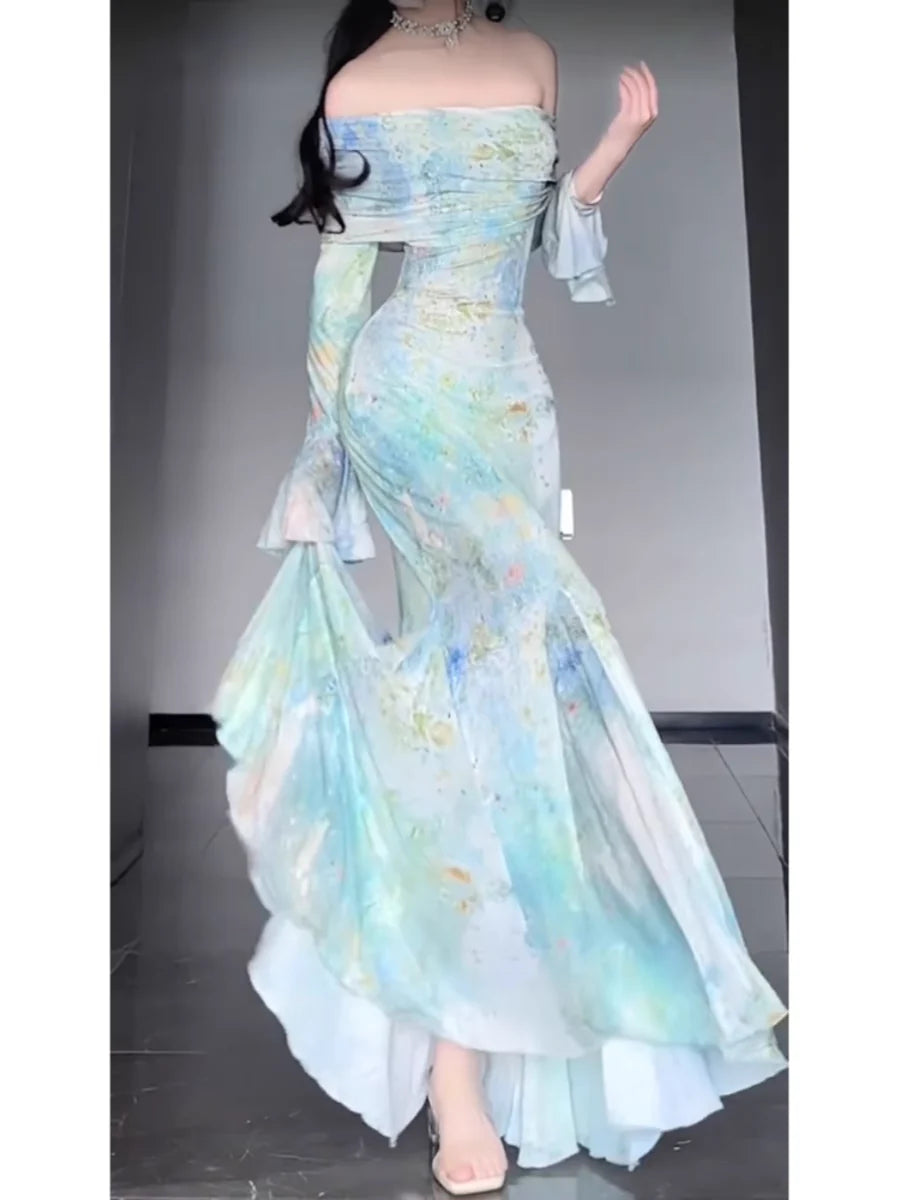 Off The Shoulder Floral Long Sleeves Party Dresses Retro Mermaid Birthday Outfits