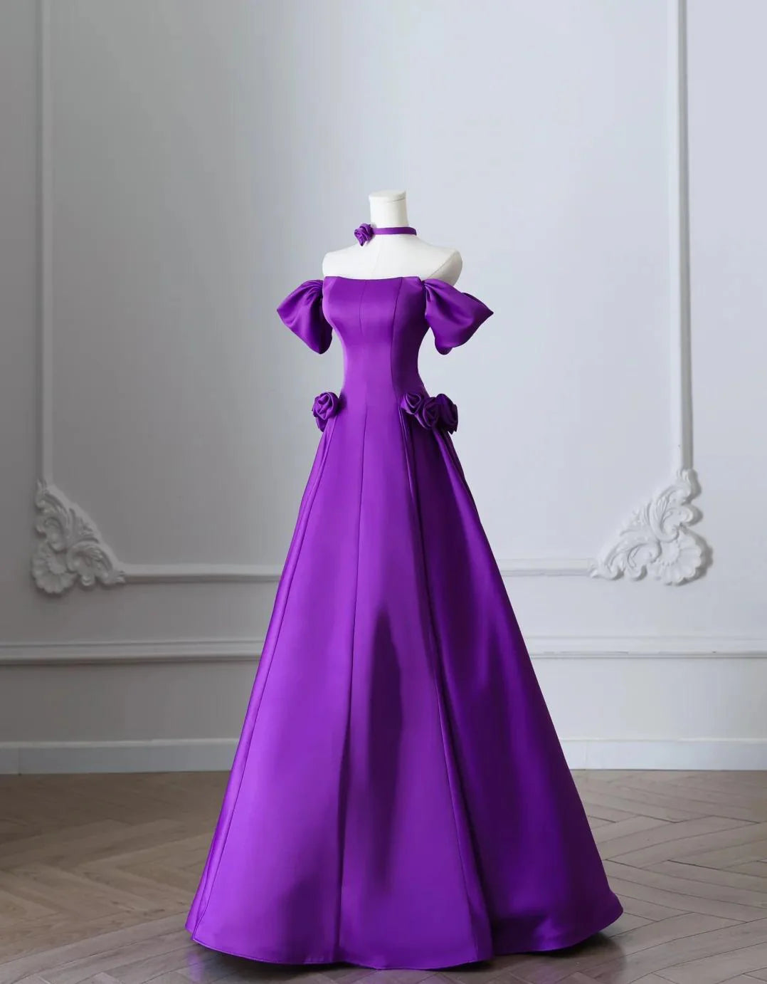 Elegant Purple Formal Evening Gowns Off Shoulder A-Line Satin Long Prom Dresses