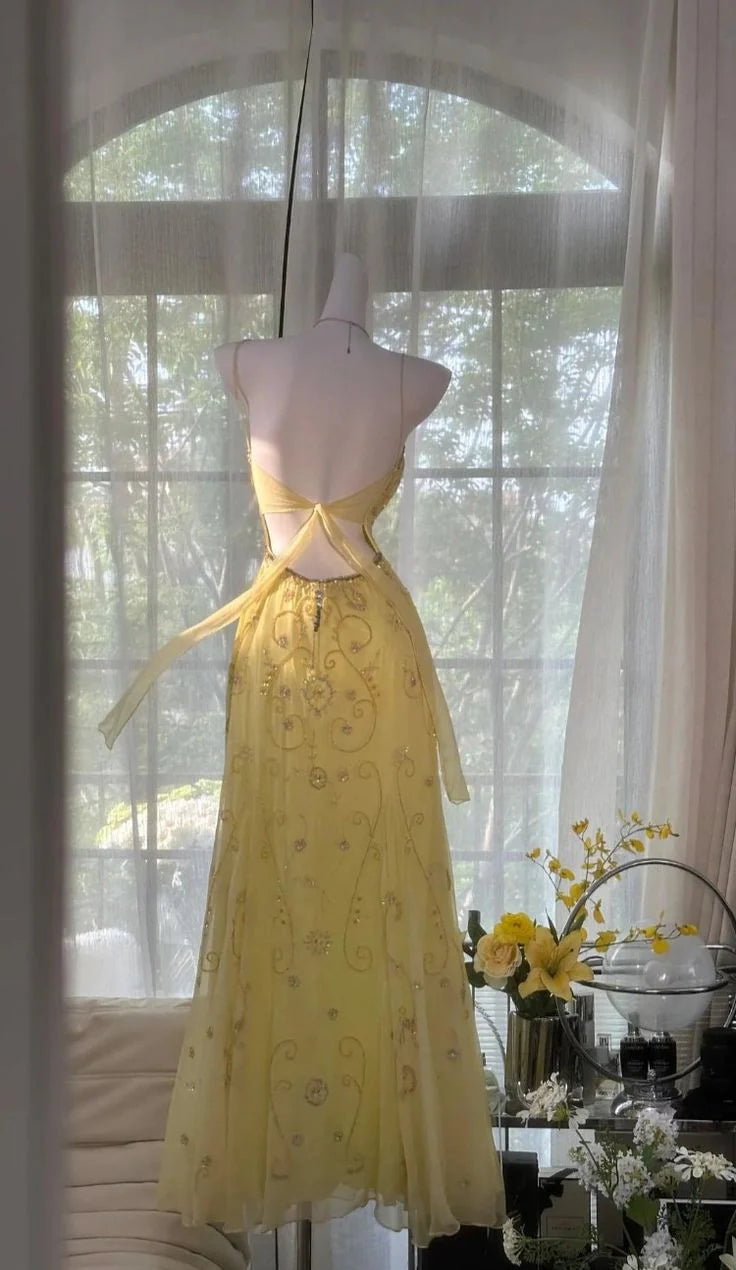 Gorgeous Yellow Spaghetti Strap A Line Chiffon Beaded Long Prom Dress