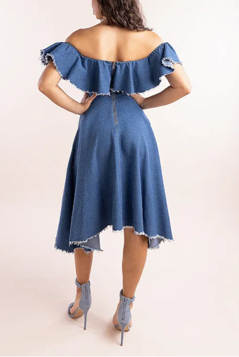 Denim Frilled Bardot Retract Your Waist High Low Bridesmaids Dress