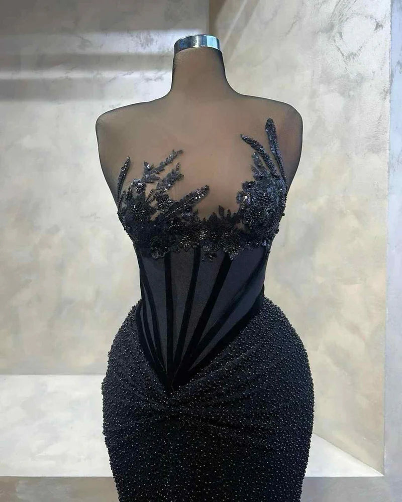 Scoop Neck Sleeveless Mermaid Floor-Length Prom Dress Appliques Lace Party Dress with Beads