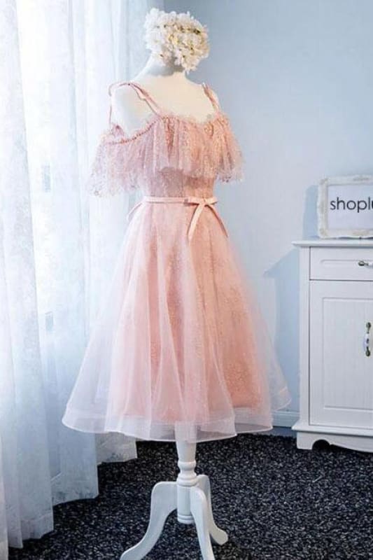 Pink Tulle Cute Lace Homecoming Dress Short A Line Prom Gown with Pearls