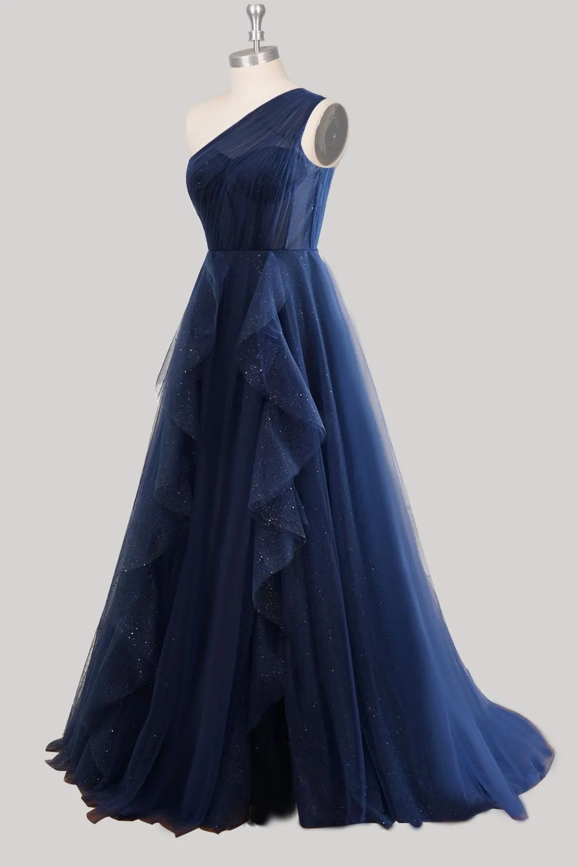 Custom one shoulder party dress sparkly tulle navy long prom dress
