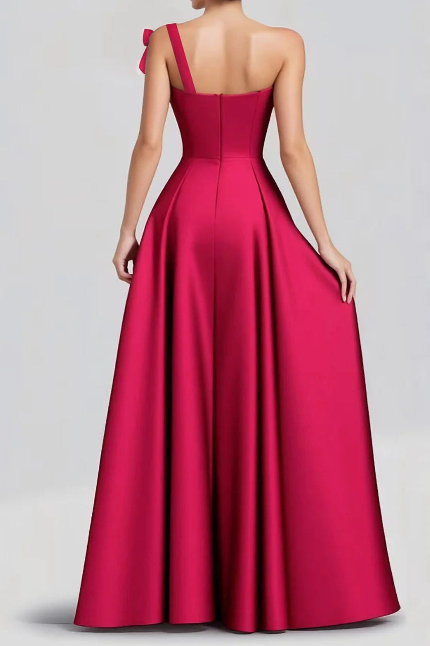 Fuchsia A-Line One Shoulder Bow Satin Long Retract Your Waist Formal Dress