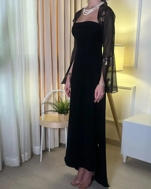 Black Chiffon Party Dresses Printed Long Sleeves Jackets Wedding Guest Dress for Women Special