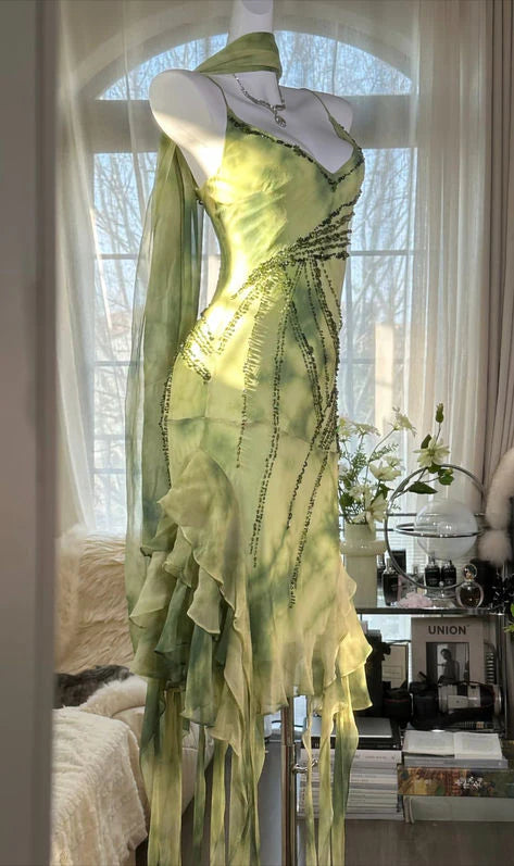 Green A Line Spaghetti Strap Beaded Ruffle Chiffon Short Party Dress