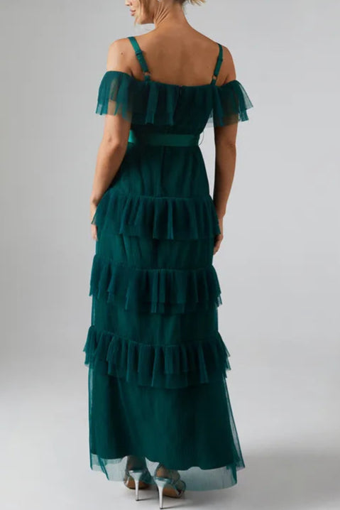 Pleated Mesh Unique design Tiered Skirt Bridesmaids Dress With Satin Belt