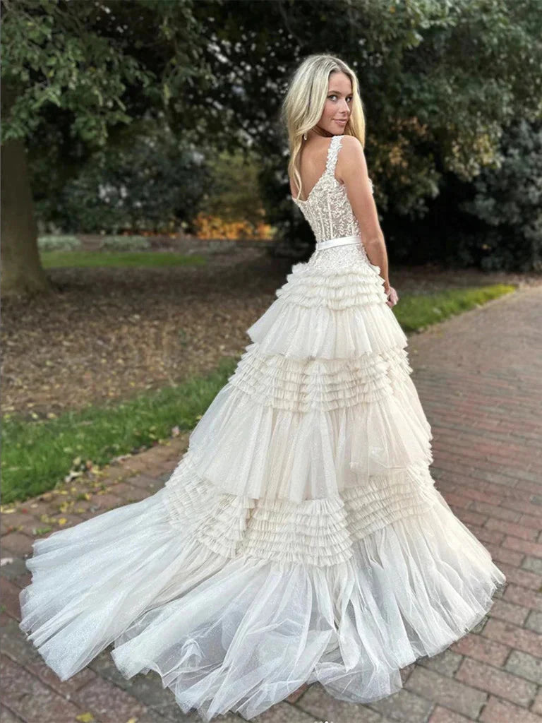 Unique design V Neck Layered Lace Champagne Formal Evening Dresses with Train