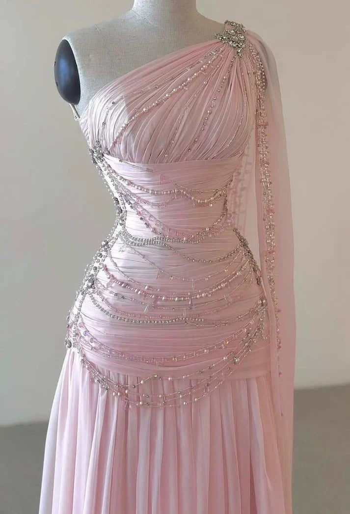 Elegant A Line One Shoulder Beaded Pink Chiffon Long Sweep Prom Dress