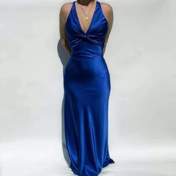 Classic satin sleeveless hanging neck V-neck slim evening gown