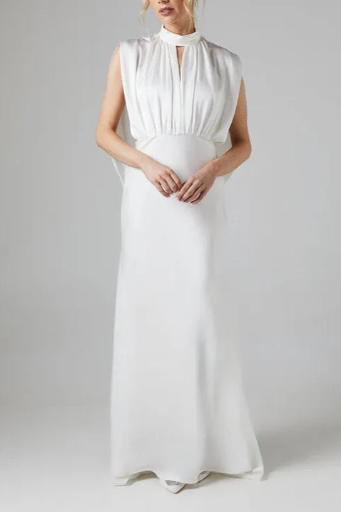 High Neck Retract Your Waist Keyhole Cape Back Satin Bridesmaids Dress