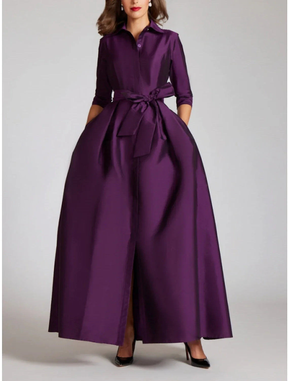 Satin A-Line Evening Gown Minimalist Black Christmas Dress Formal Fall Floor Length Half Sleeve Shirt Collar with Bow(s) Pleats