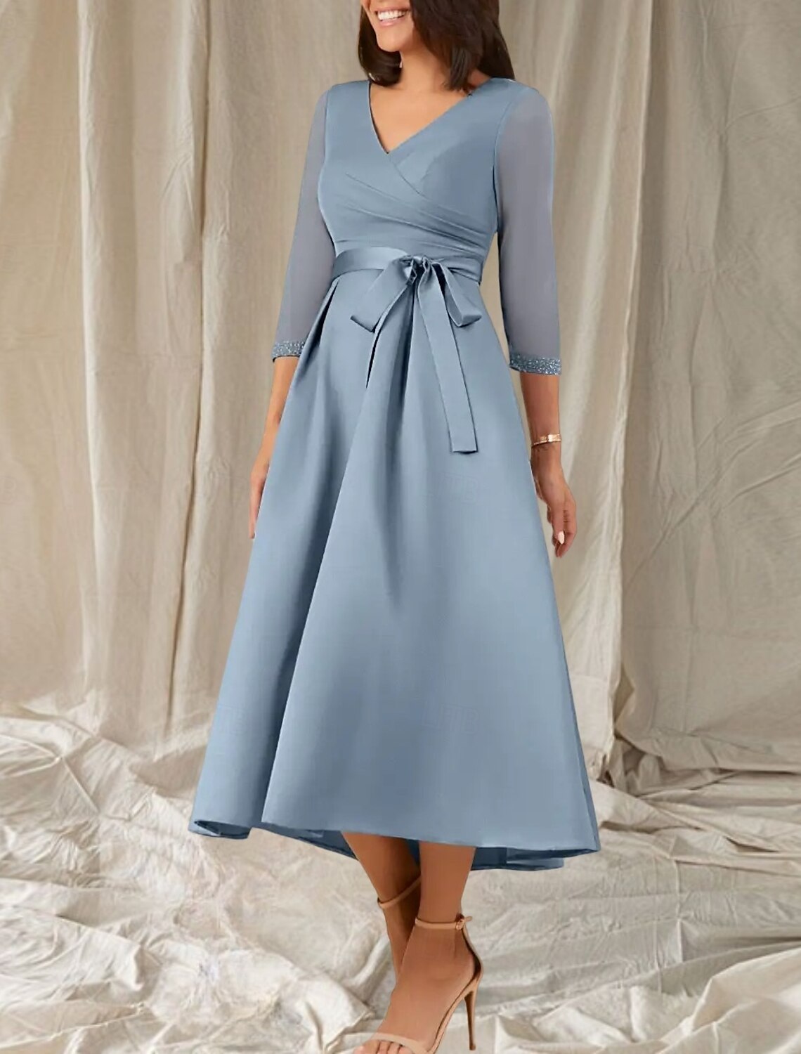 A-Line Mother of the Bride Dress Wedding Guest Elegant Sweet V Neck Tea Length Satin Half Sleeve with Sash / Ribbon Beading Ruching 2025