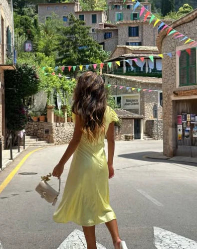 Yellow A Line V Neck Lace Unique design Satin Evening Dress Outfits