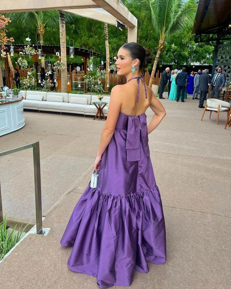 Sexy Long Party Dress Purple Sleeveless Prom Dress Halter Evening Dress