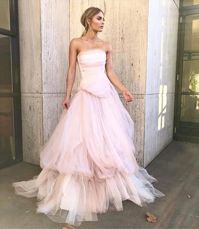 Light pink tulle long prom dress