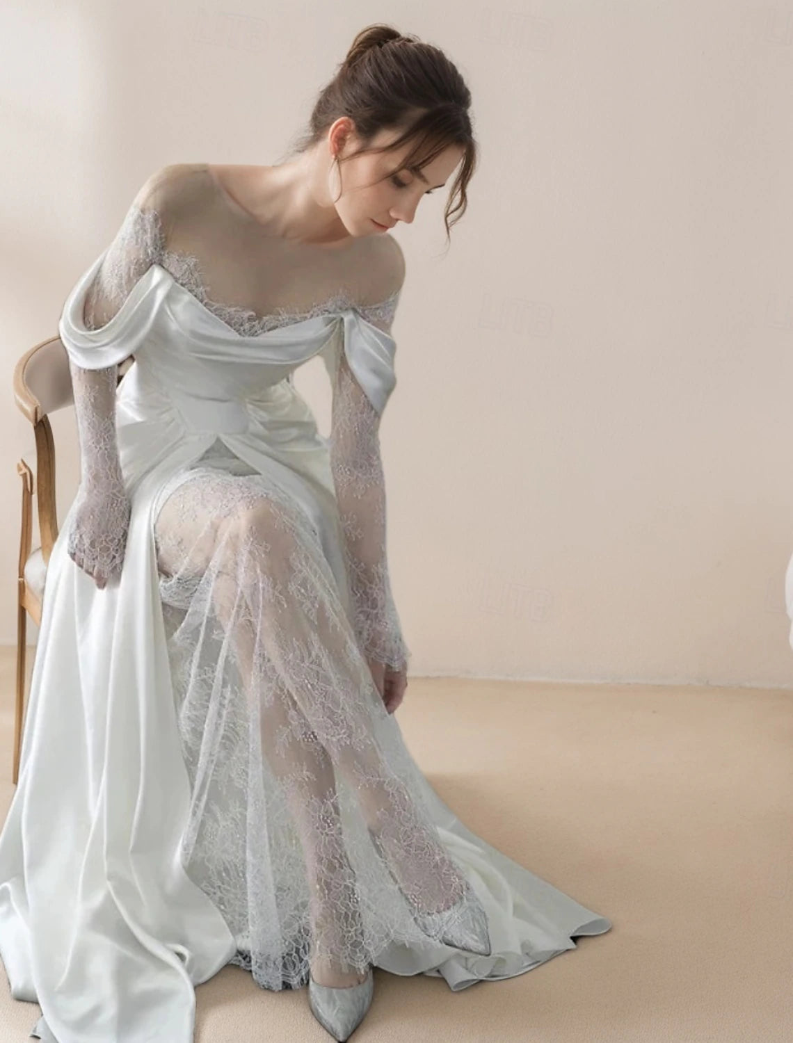 Floor Length Satin Wedding Dresses A-Line Illusion Neck Long Sleeve Bridal Gowns With Flower