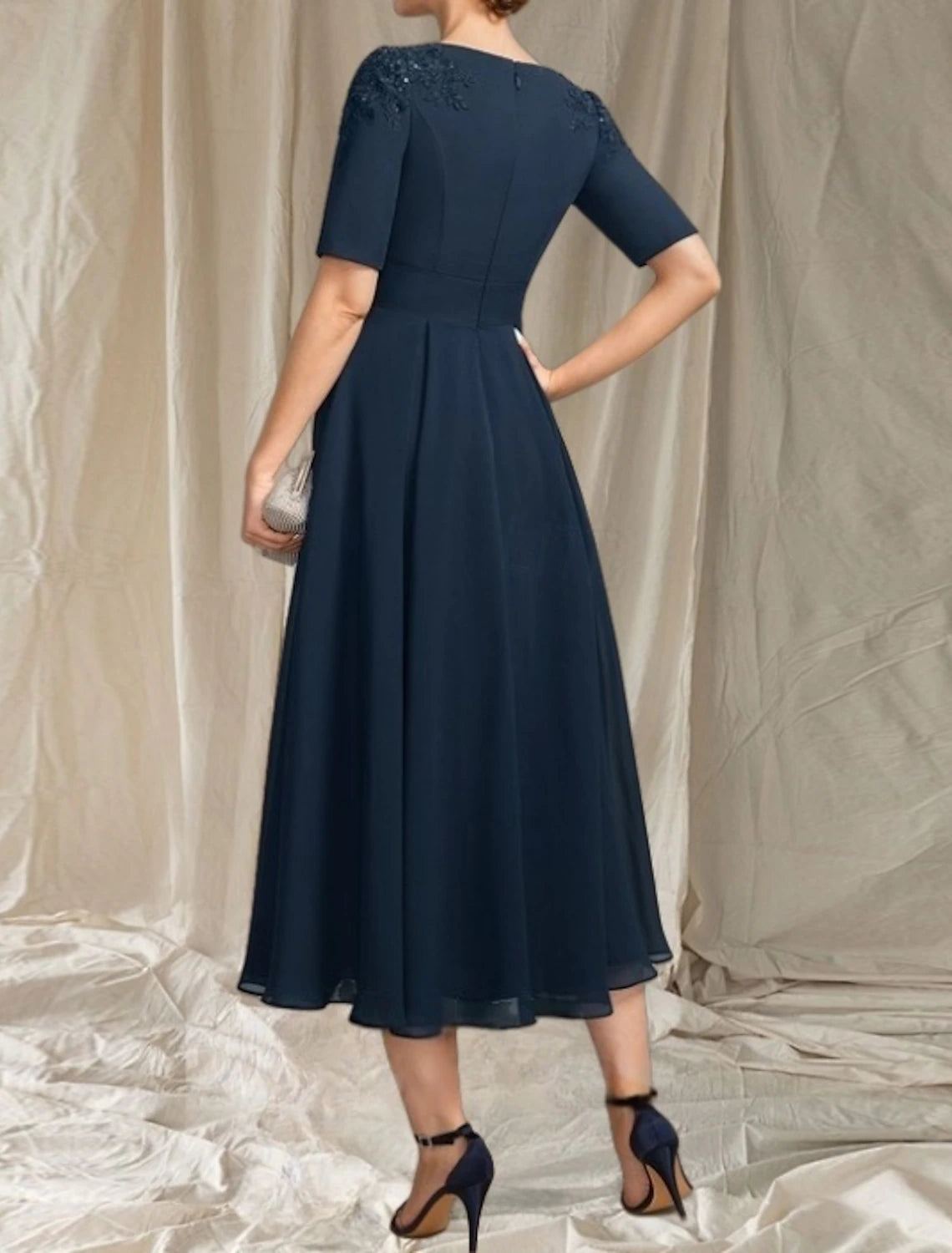 A-Line Mother of the Bride Dress Wedding Guest Elegant Crew Neck Tea Length Chiffon Short Sleeve with Beading Appliques Midi Dress