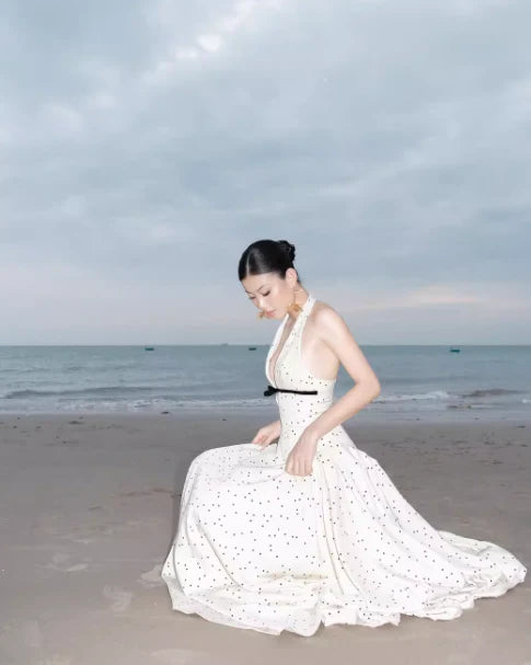 Retro A Line Halter Polka Dot Satin Open Back Prom Dress