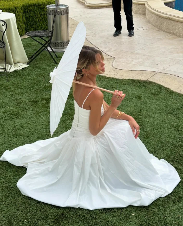 New A Line Spaghetti Strap White Satin Long Prom Dress Slim-fit Evening Dress