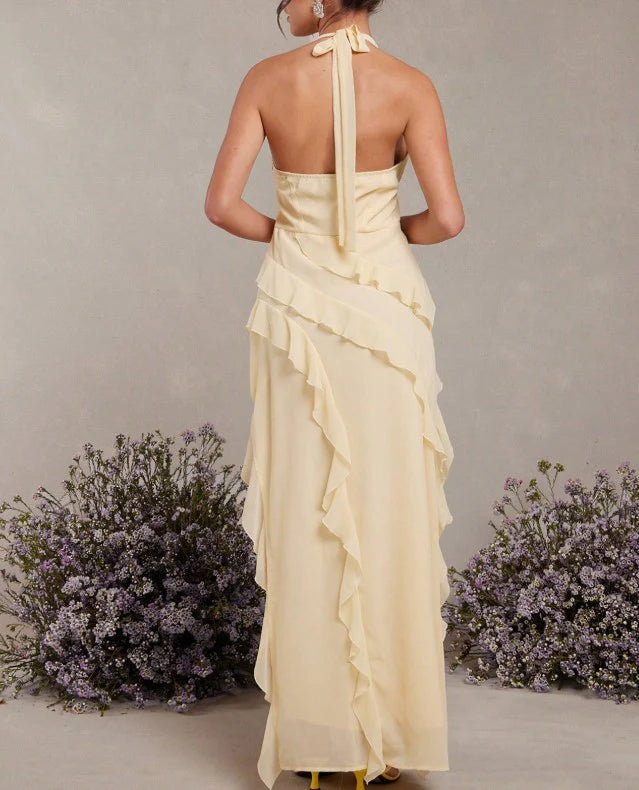 Halter Chiffon Ruffle Back Party Dress Fashion Butter Yellow Bridesmaids Dress With Slits