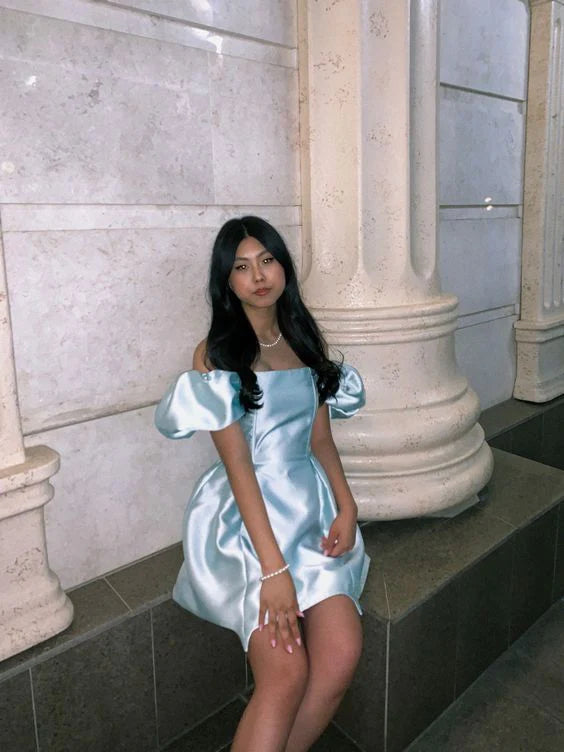 Cute Off The Shoulder Puff Sleeves Party Dress Light Blue Homecoming Dress