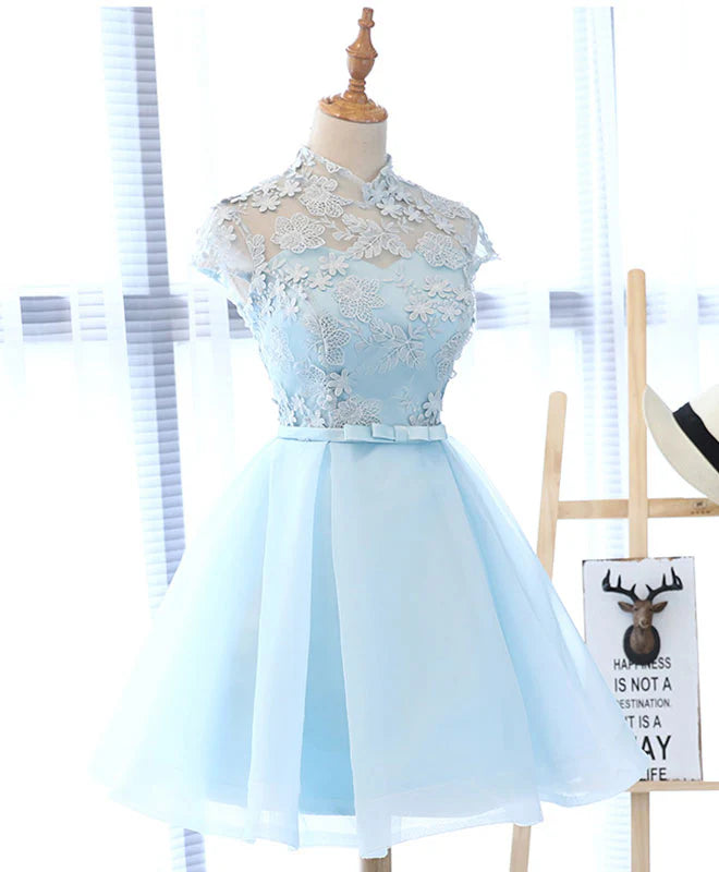 Light Blue Applique Short Prom Dress, Appropriate color matching Homecoming Dress