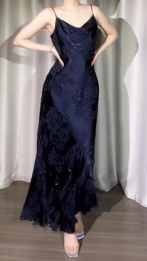 Jacquard Satin Spaghetti Strap Sheath Prom Dresses Vintage Navy Blue Shiny Beaded Evening Gowns