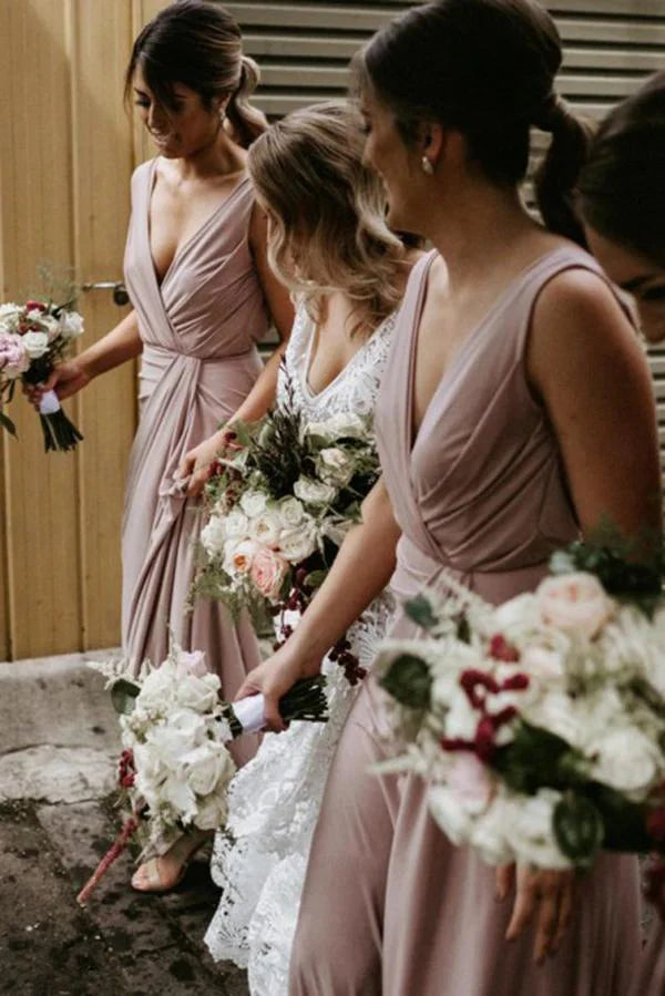 Unique design Chic V Neck Sleeveless Simple Floor Length Long Bridesmaid Dresses