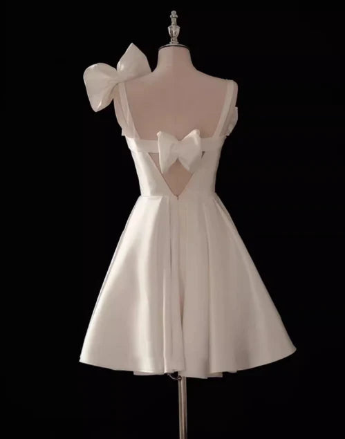 White A-line spaghetti strap satin short prom dress, Simple design homecoming dresses