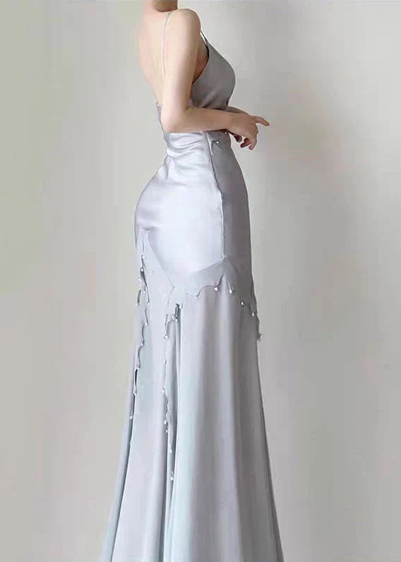 Elegant Mermaid Spaghetti Strap Pearl Grey Satin Long Prom Dress